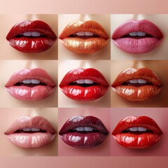 Obraz premium Beautiful lips various colors young women. Presentation advertisement beauty lipstick product cosmetics.