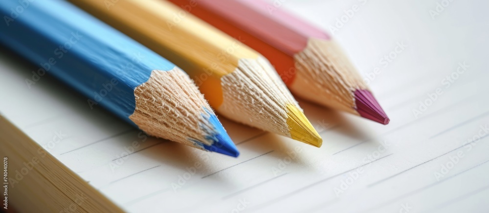 Poster vibrant colored pencils resting on a colorful open notebook with blank pages for drawing and sketchi