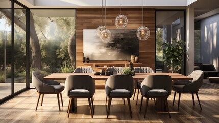 A contemporary dining room with light gray upholstered chairs and a rich espresso accent wall