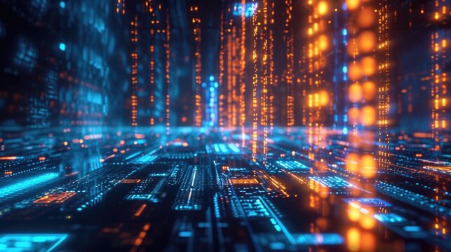 A holographic display of realtime data being added to a blockchain showcasing the speed and efficiency of the technology in processing