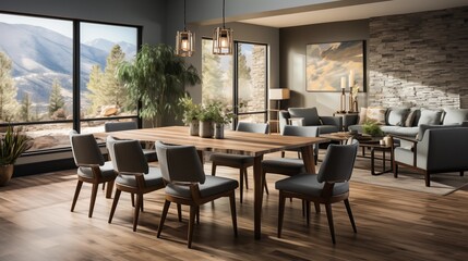 A contemporary dining room with pale ivory upholstered chairs and a deep slate gray accent wall