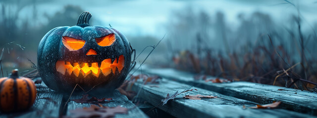 One spooky halloween pumpkin, Jack O Lantern, with an evil face and eyes on a wooden bench, table with a misty gray coastal night background with space for product placement  - obrazy, fototapety, plakaty