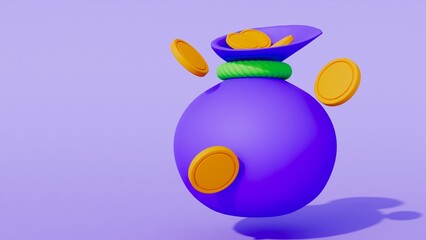 3d realistic money bag with falling gold coins in cartoon style. 3d realistic money object