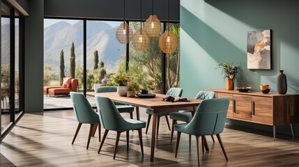 A contemporary dining room with pale cyan upholstered chairs and an enigmatic charcoal accent wall