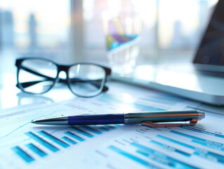 Financial Tools on Newspaper with Eyeglasses - Pen, Glasses, Business, Finance, Paper, Office, Graph, Chart, Notebook, Report, Market, Data, Diagram, Accounting, Book, Stock, Bank, Investment