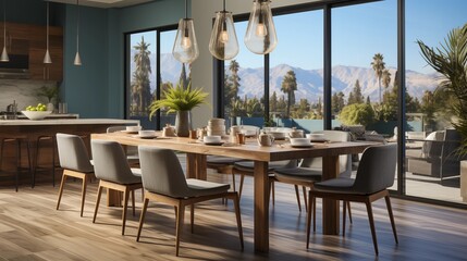 A contemporary dining room with warm white upholstered chairs and a twilight blue accent wall