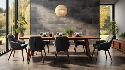 Fototapeta premium A contemporary dining room with pale ivory upholstered chairs and a deep slate gray accent wall