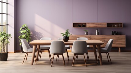 A contemporary dining room with whispering violet upholstered chairs and a shadowed violet accent...