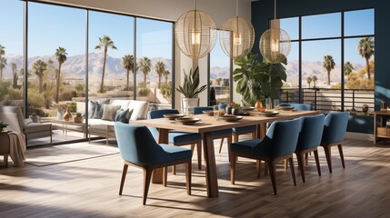 Fototapeta premium A contemporary dining room with warm white upholstered chairs and a twilight blue accent wall