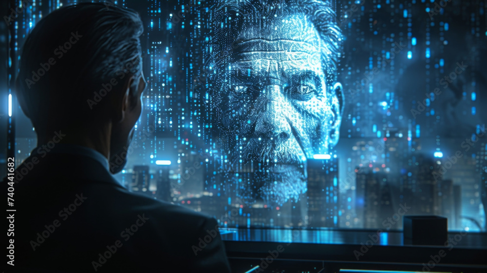 Poster a futuristic office setting with a holographic projection of a financial advisor discussing investme