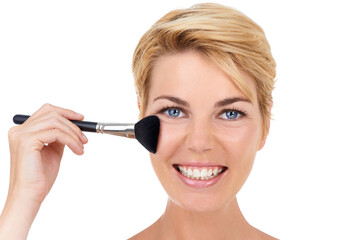 Makeup, brush and face of woman on a white background for wellness, skincare and beauty. Cosmetology, dermatology and portrait of happy person with tools for cosmetics, blush and foundation in studio