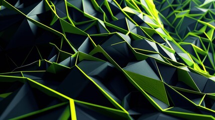 Geometric Pattern Contrast Neon Green Color Scheme - Triangular Facets Create 3D Dimensional Illusion Similar to Origami Crystalline Structure Background created with Generative AI Technology