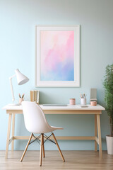 A serene office space featuring a pristine white frame complementing a wall adorned with soft, pastel colors, creating a tranquil and welcoming mockup.