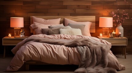 A cozy bedroom with light salmon bedding and mahogany accent wall