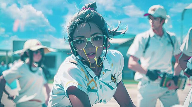 beautiful woman is playing cricket with her friends, looks very charming, with a shield on her face, Seamless looping time-lapse animation video background  Generated AI