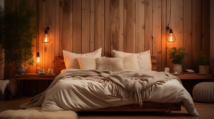 A cozy bedroom with light salmon bedding and mahogany accent wall