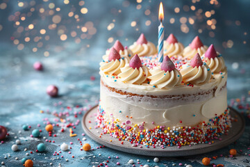 birthday party balloons, colourful balloons background and birthday cake with candles	