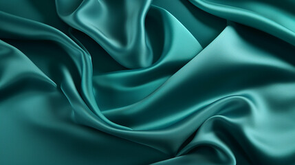 Fototapeta premium Dark teal green silk satin Shiny smooth fabric Soft folds Luxury background with space for design
