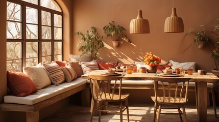 A cozy dining nook with earthy terracotta walls and warm beige furnishings - obrazy, fototapety, plakaty
