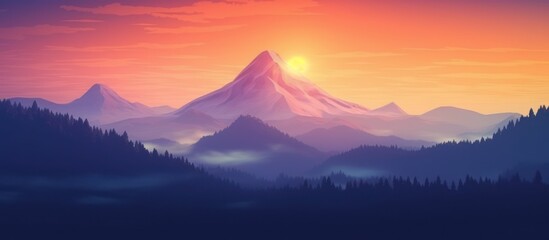 Sunset View of Mountains, Hills, Wilderness with orange light - obrazy, fototapety, plakaty