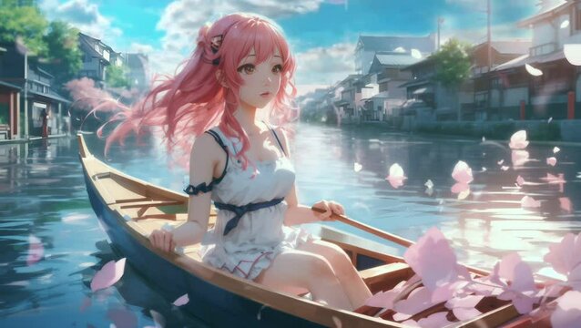 A beautiful woman with pink hair is riding a boat in the middle of a river, surrounded by cherry blossoms, in a seamless time-lapse animation.