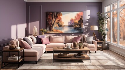 A cozy living room with light mauve walls and dark mulberry accent furniture