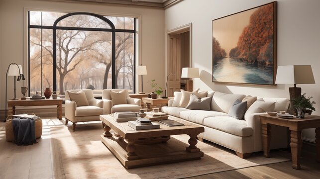 A cozy living room with light sand walls and deep walnut accent furniture