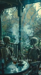 A skeleton and a ghost sharing a smoke on a dilapidated porch bonding over tales of the past