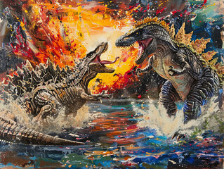 An epic showdown at the edge of a volcano Godzilla and a Spinosaurus circling each other in a dance of fury - obrazy, fototapety, plakaty