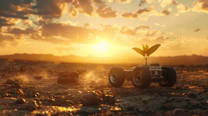 Zelfklevend Fotobehang A sleek robot planting trees in a desolate landscape bringing life back to barren lands under a radiant sun © chayantorn