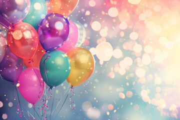 birthday party balloons, colourful balloons background and birthday cake with candles	