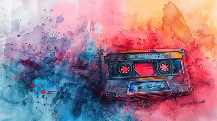 A watercolor cassette tape with 80s groovy graffiti symbolizing the vibrant music vibe of the era