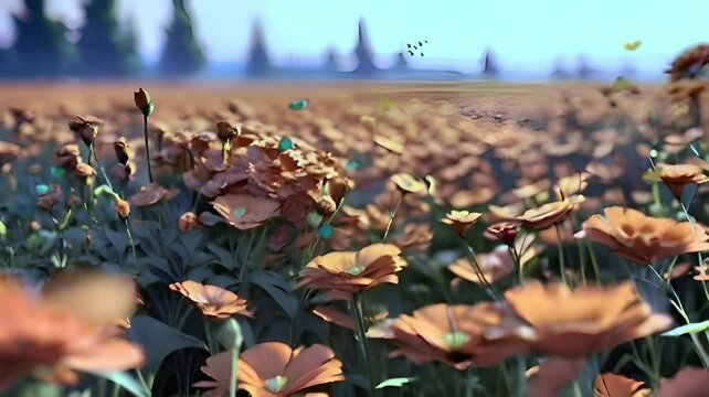 view of orange flowers in flower field, butterflies flying, birds flying, seamless time lapse