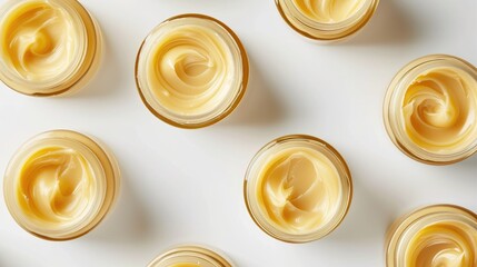 Top View of Organic Skincare Cream in Jars. An elegant top view of multiple jars filled with rich, creamy skincare product. Smooth texture and luxurious swirl of the cream