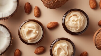 Fototapeta premium Natural Coconut Almond Cream. Luxurious natural moisturizing cream in a brown jar surrounded by fresh coconut and almonds on a beige background. Waterless skincare