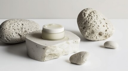 Fototapeta na wymiar Organic Body Butter with Stones. Jars of rich body butter set among natural stones, creating a serene, earthy aesthetic for holistic wellness