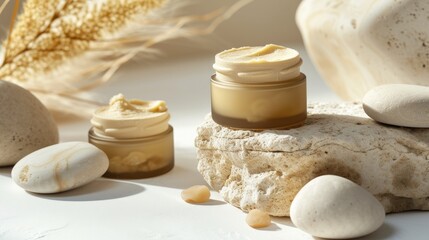 Artisanal Shea Butter Stacks. Elegant jars of shea butter stacked atop wooden lids on a neutral backdrop, showcasing the creamy texture of the product