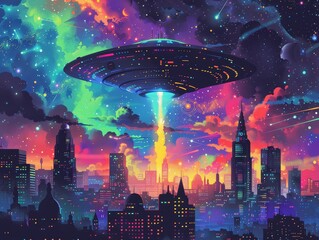 Sparkling UFO abduction scene over a neon lit cityscape pop art explosions and curious robots watching - obrazy, fototapety, plakaty