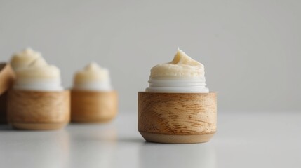 Fototapeta na wymiar Artisanal Shea Butter Stacks. Elegant jars of shea butter stacked atop wooden lids on a neutral backdrop, showcasing the creamy texture of the product
