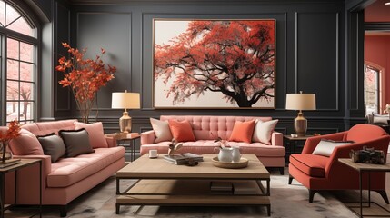 A cozy living room with pale coral walls and dark velvet accent furniture
