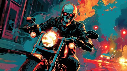 Vector art of a ghost and a skeleton sharing a smoky moment on a vintage motorcycle cool retro vibes