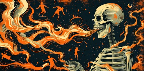 60s pop art inspired vector of a smoking skeleton with ghostly figures dancing around bold lines