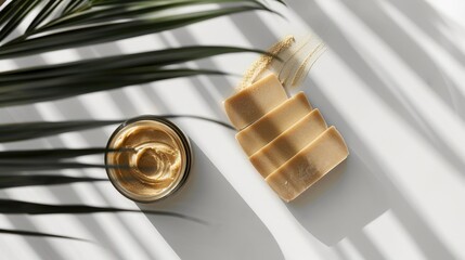 A serene still life featuring artisanal soap bars and a scrub in a jar, highlighted by the play of palm leaf shadows and natural light. Waterless cream skin care, organic beauty, bare beauty