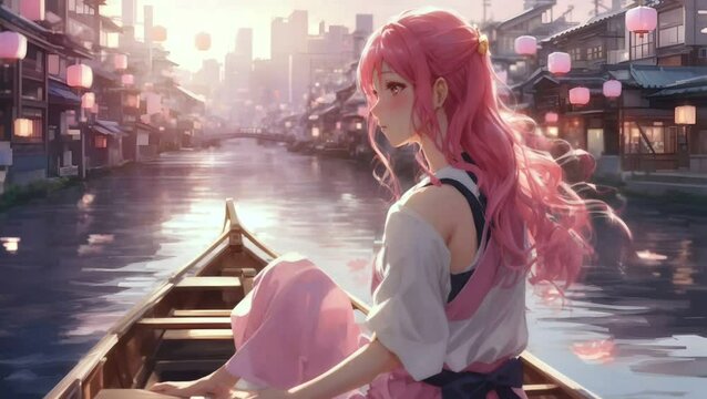 A beautiful woman with pink hair is riding a boat in the middle of a river on the outskirts of the city, adorned with cherry blossoms in a seamless time-lapse animation.