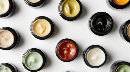 Top view of various colorful cosmetic creams in black jars arranged in a pattern on a white background, showcasing different skincare products