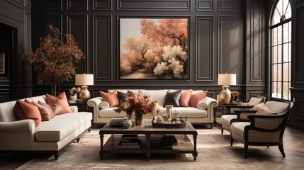 Fotobehang A cozy living room with soft whisper walls and dark romance accent furniture © Ramzan