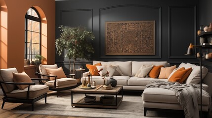 A cozy living room with soft peach walls and deep charcoal accent furniture
