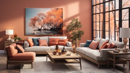 A cozy living room with soft peach walls and burnt sienna accent furniture