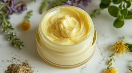 Obraz na płótnie Canvas Waterless or water-free beauty, beauty products without water with active ingredients or botanical oils. Cosmetic open jar with thick butter texture cream. Sustainability, organic waterless beauty