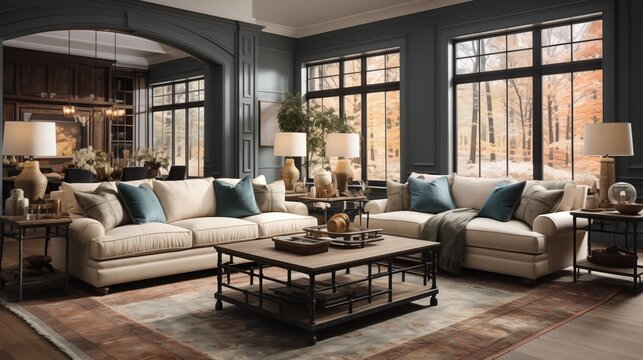 A cozy living room with soft whisper walls and dark romance accent furniture
